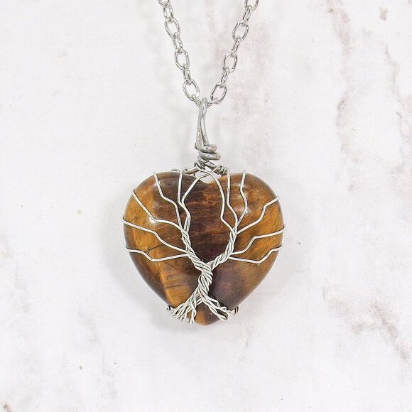 Tree of life heart pendant necklace with brown tiger eye heart stone - Picture 2 of 8